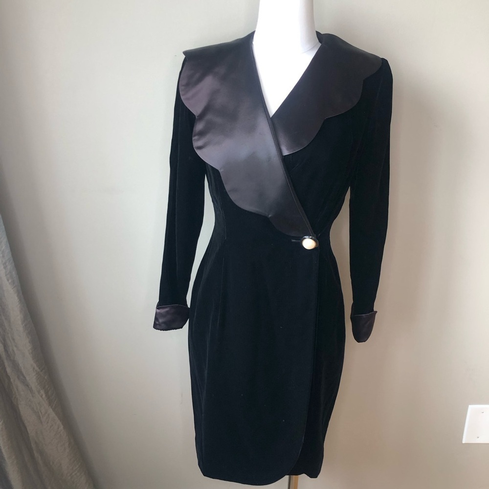 Vintage Black Velvet & Satin Tuxedo Formal Pearl Button Wrap Dress S